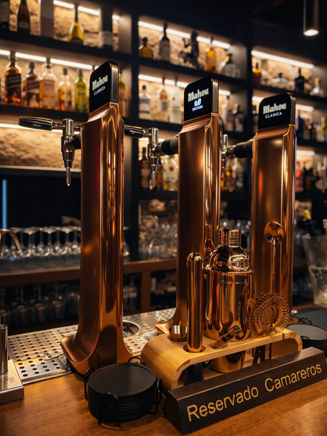 Barra con grifos de cobre y el botellero iluminado
